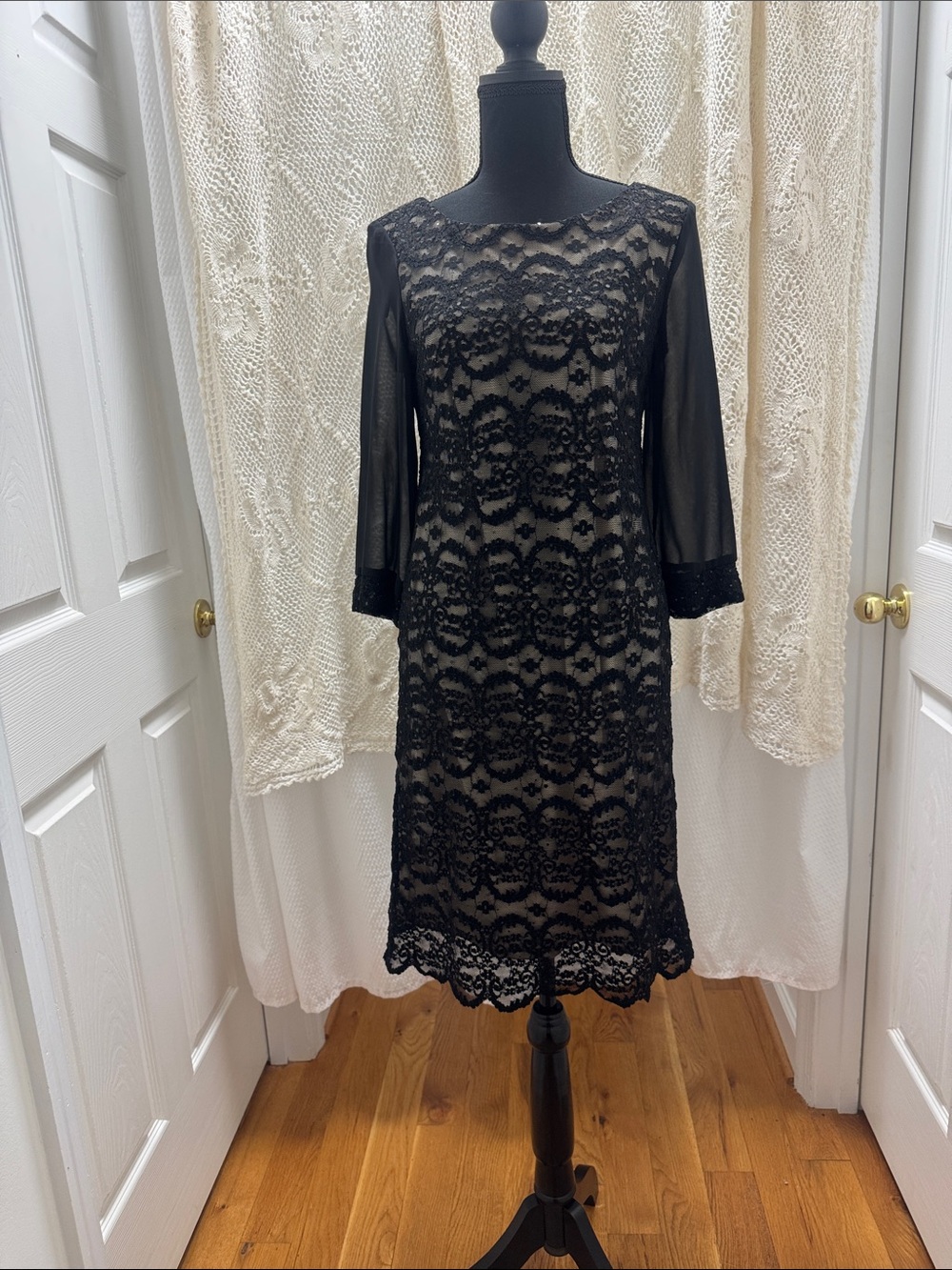 R&M Richards Black Lace Midi Dress with Sheer Sleeves